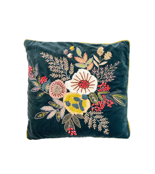 Housse de coussin en velours bleu canard avec broderies florales colorées 50x50 cm.