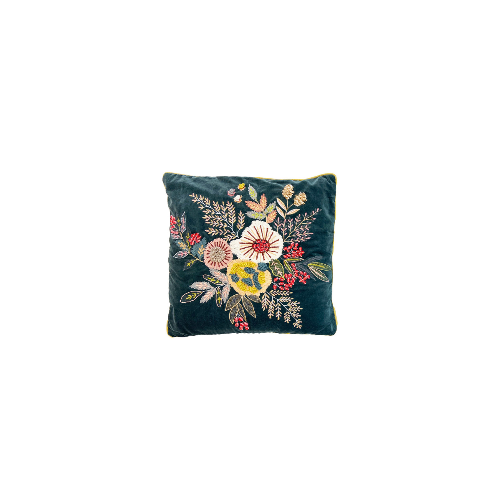 Housse de coussin en velours bleu canard avec broderies florales colorées 50x50 cm.