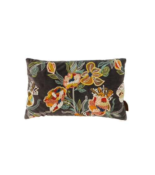 Housse de coussin 30x50 en velours anthracite avec fleurs multicolores brodées à la main.