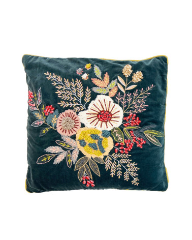 Housse de coussin décorative en velours bleu avec broderies florales colorées faites à la main.