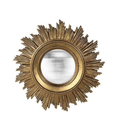 Miroir convexe soleil doré de face sur un fond blanc.