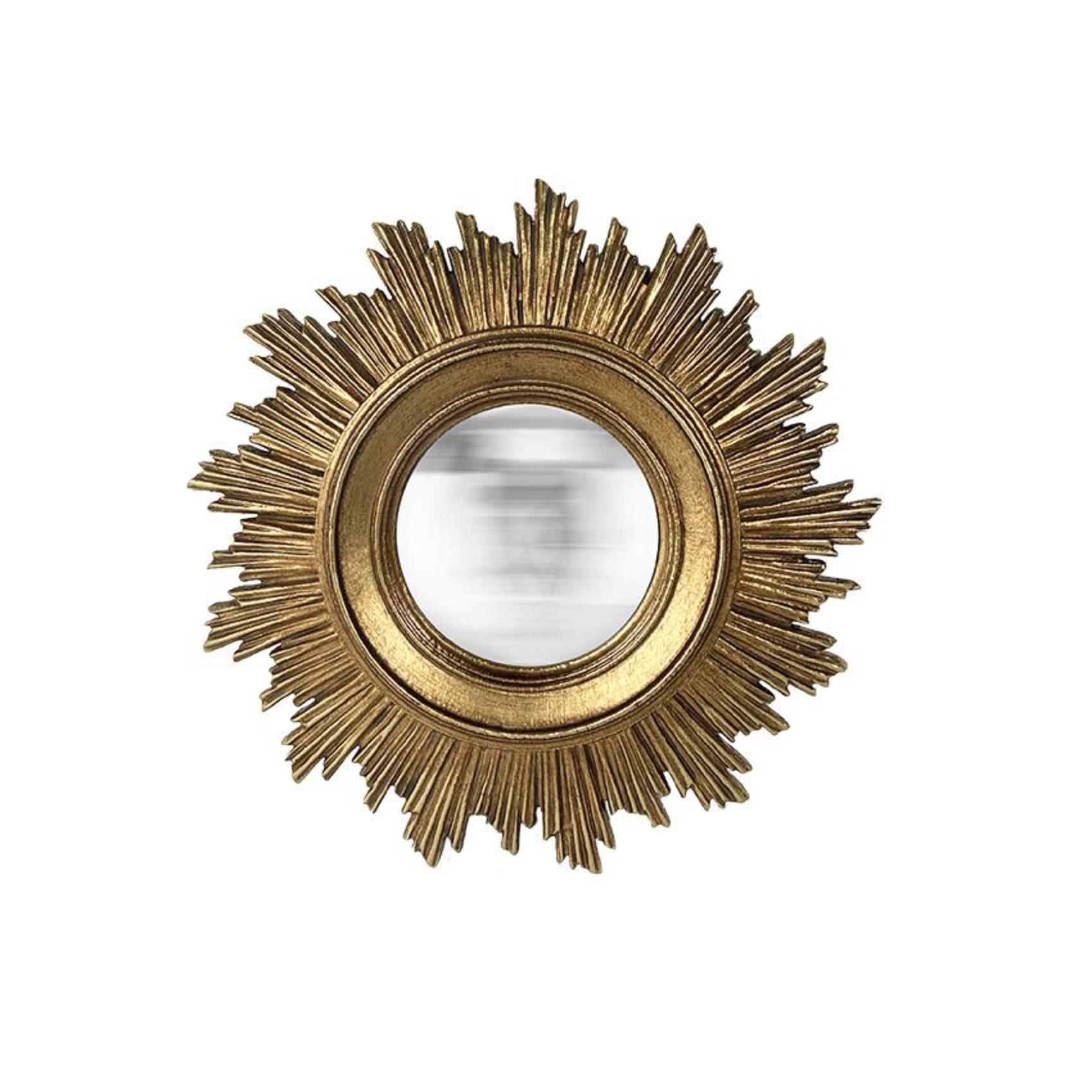 Miroir convexe soleil doré de face sur un fond blanc.
