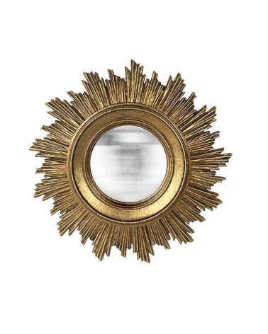 Miroir convexe soleil doré de face sur un fond blanc.