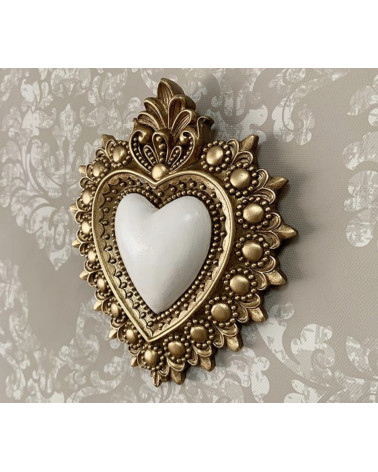 Ex-Voto Cœur Sacré Baroque Doré et Blanc - Décoration Murale Chic et Vintage
