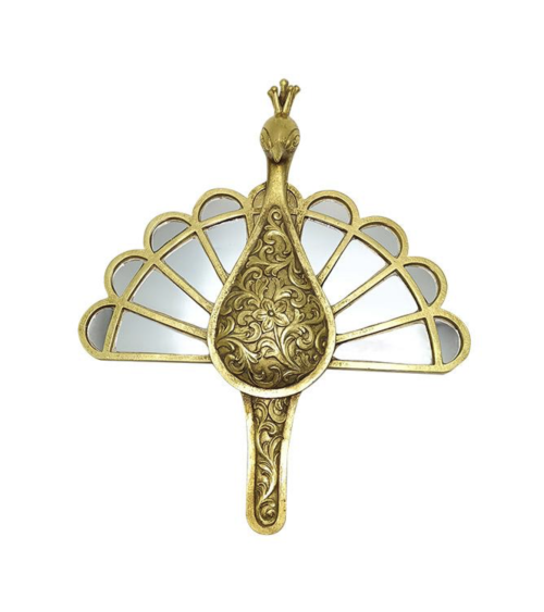 Décoration murale en forme de paon doré avec détails ciselés et miroirs intégrés, dimensions 24x29cm.