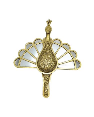 Décoration murale en forme de paon doré avec détails ciselés et miroirs intégrés, dimensions 24x29cm.