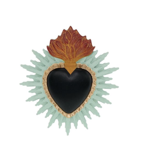 Décoration-murale-ex-voto-coeur-sacre-noir-flammes-style-mexicain