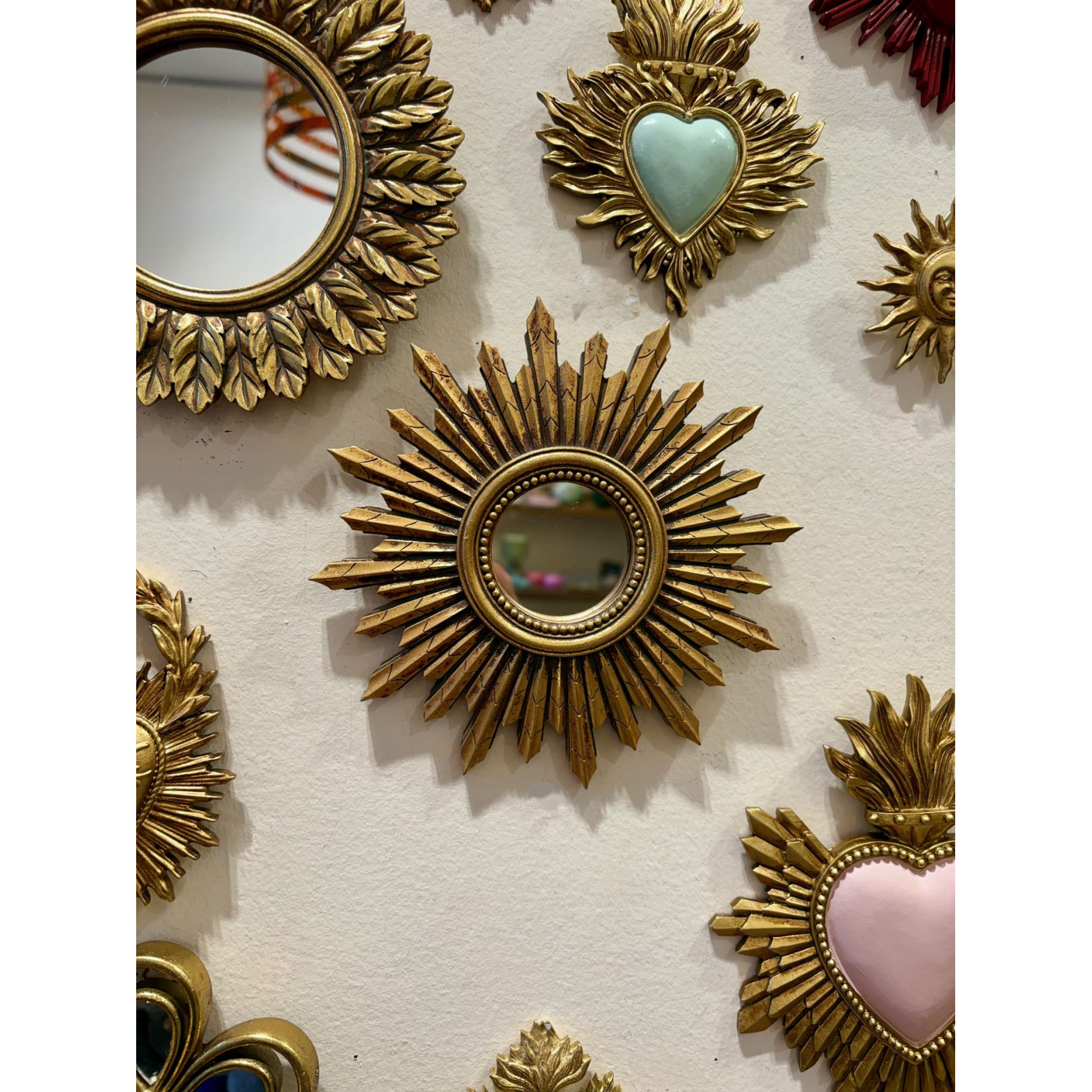 Miroir soleil doré mural diamètre 16,5 cm – décoration vintage et bohème chic