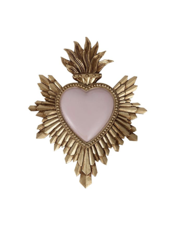 ex-voto coeur rose pâle bordure dorée résine 18 cm