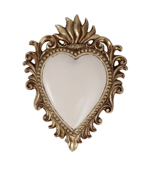 Ex-voto cœur mural blanc et doré 10,5x8 cm en résine style sacré cœur baroque pour décoration murale