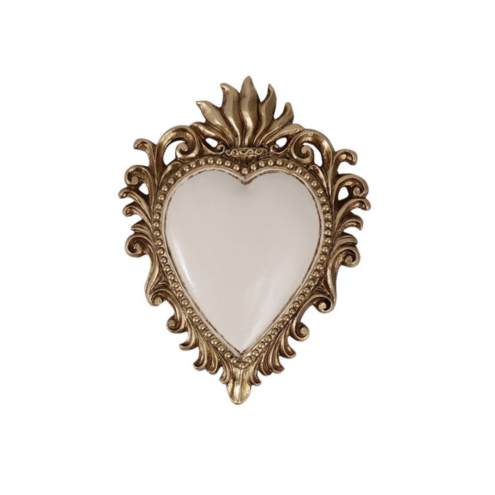Ex-voto cœur mural blanc et doré 10,5x8 cm en résine style sacré cœur baroque pour décoration murale