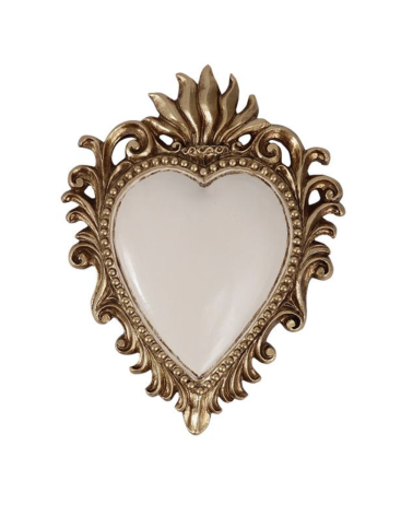 Ex-voto cœur mural blanc et doré 10,5x8 cm en résine style sacré cœur baroque pour décoration murale