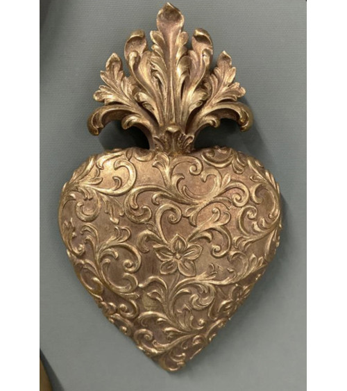 Ex-voto cœur sacré doré avec motifs baroques en relief pour décoration murale