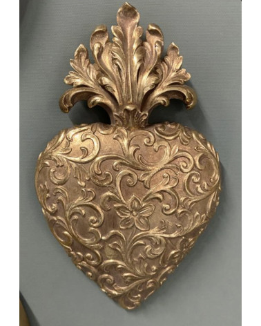 Ex-voto cœur sacré doré avec motifs baroques en relief pour décoration murale