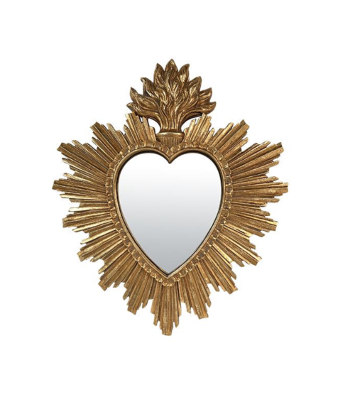 Miroir Ex-Voto Coeur Soleil doré 26x30 cm, décoration murale bohème chic, miroir sacré coeur, style ancien