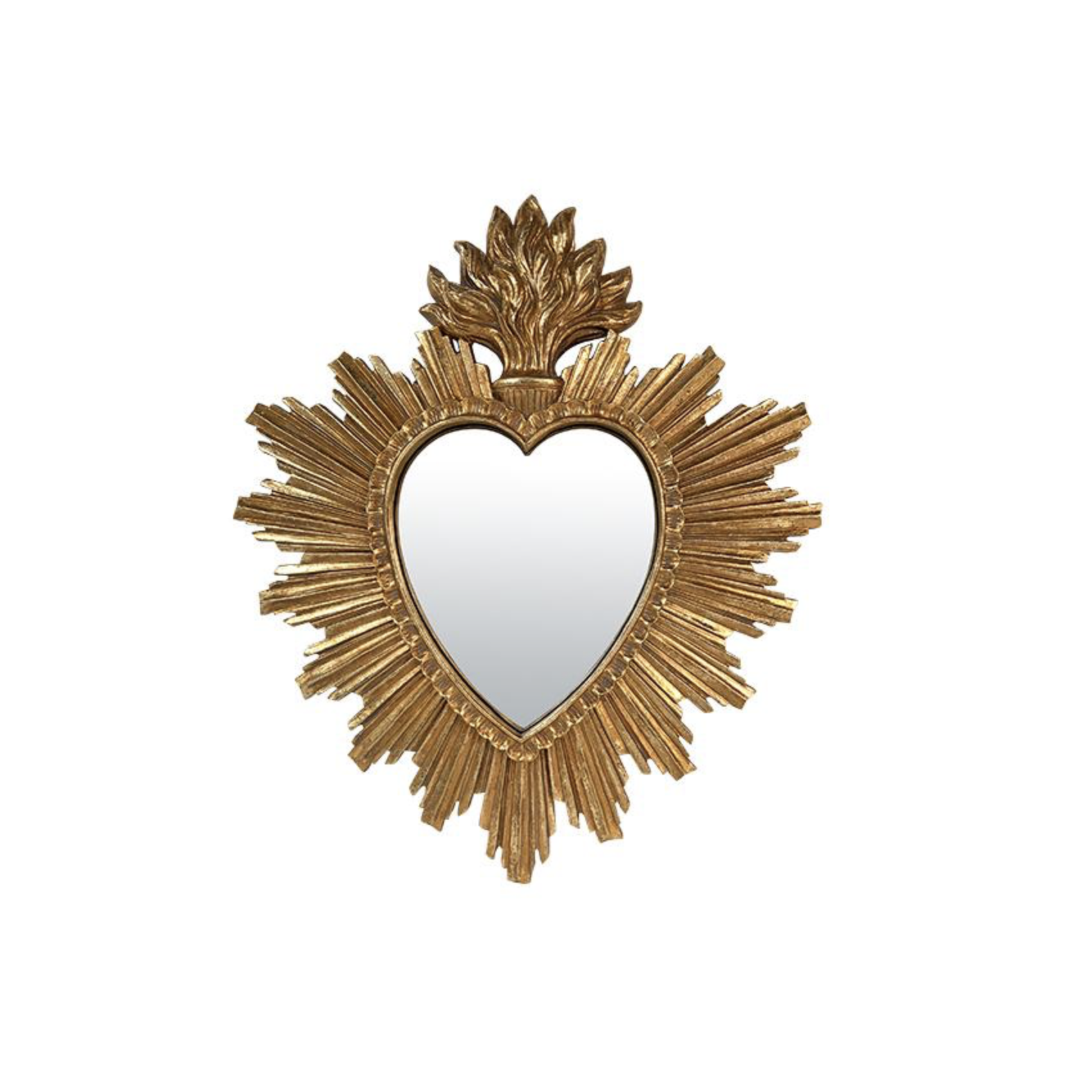 Miroir Ex-Voto Coeur Soleil doré 26x30 cm, décoration murale bohème chic, miroir sacré coeur, style ancien