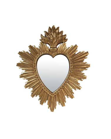 Miroir Ex-Voto Coeur Soleil doré 26x30 cm, décoration murale bohème chic, miroir sacré coeur, style ancien