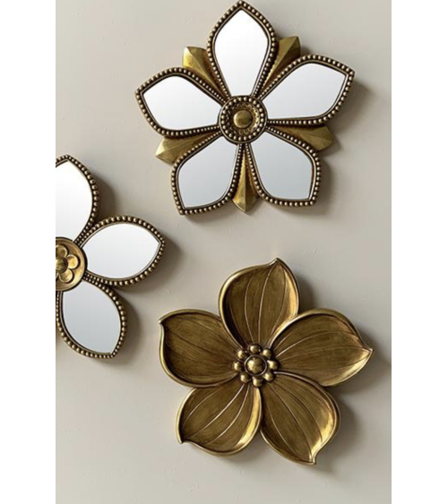 Composition murale de miroirs en forme de fleurs dorées et décorations florales en résine style vintage
