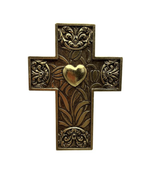 Croix murale dorée avec motifs fleurs en relief et coeur central 9.5x13cm