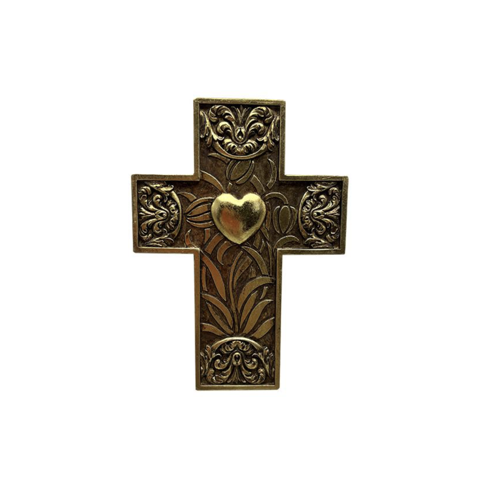 Croix murale dorée avec motifs fleurs en relief et coeur central 9.5x13cm