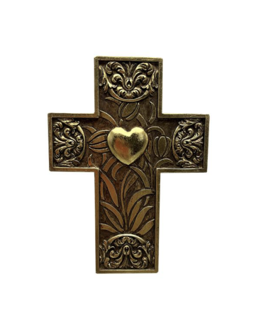 Croix murale dorée avec motifs fleurs en relief et coeur central 9.5x13cm