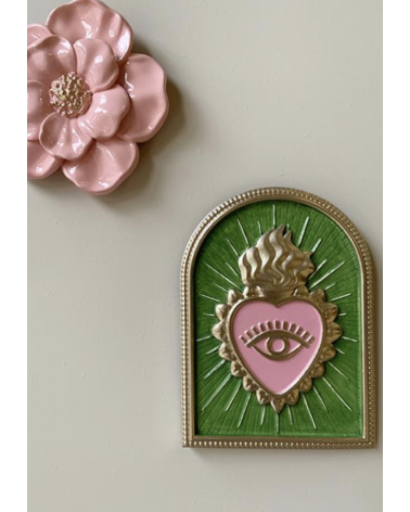 Décoration murale Cœur Sacré avec œil protecteur – Ex-voto moderne vert et doré