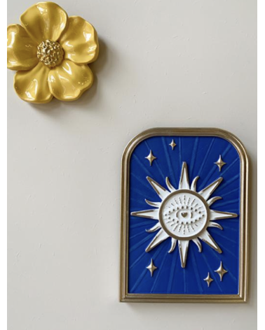 Décoration murale Soleil avec œil sacré – Ex-voto moderne bleu et doré