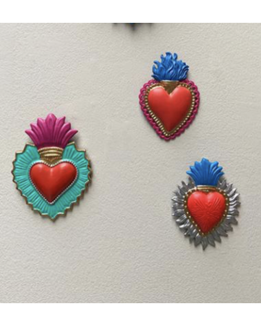 Décoration murale Cœur sacré coloré – Ex-voto moderne rouge, rose et bleu
