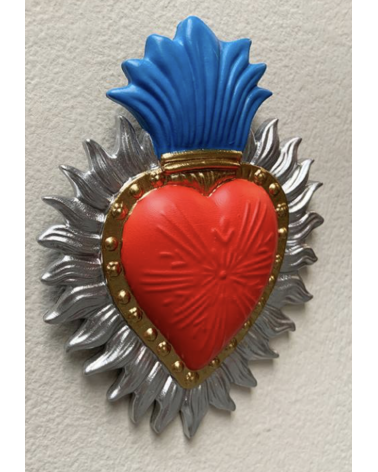 Décoration murale cœur sacré rayonnant – Ex-voto moderne rouge, bleu et argent