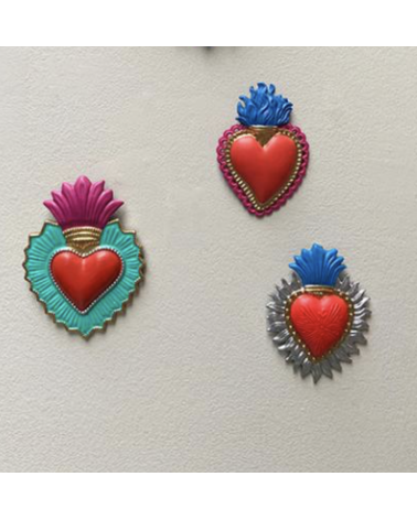 Décoration murale cœur sacré rayonnant – Ex-voto moderne rouge, bleu et argent