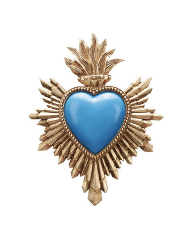Ex-Voto Cœur Bleu Doré – Décoration Murale Symbolique et Bohème Chic - 14,4 x 18,5 cm