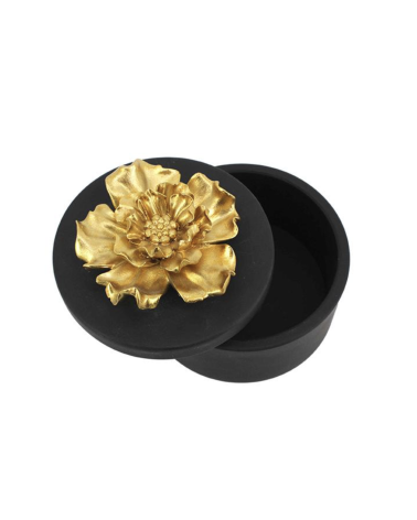 Boîte décorative noire fleur dorée 12x10 cm style vintage
