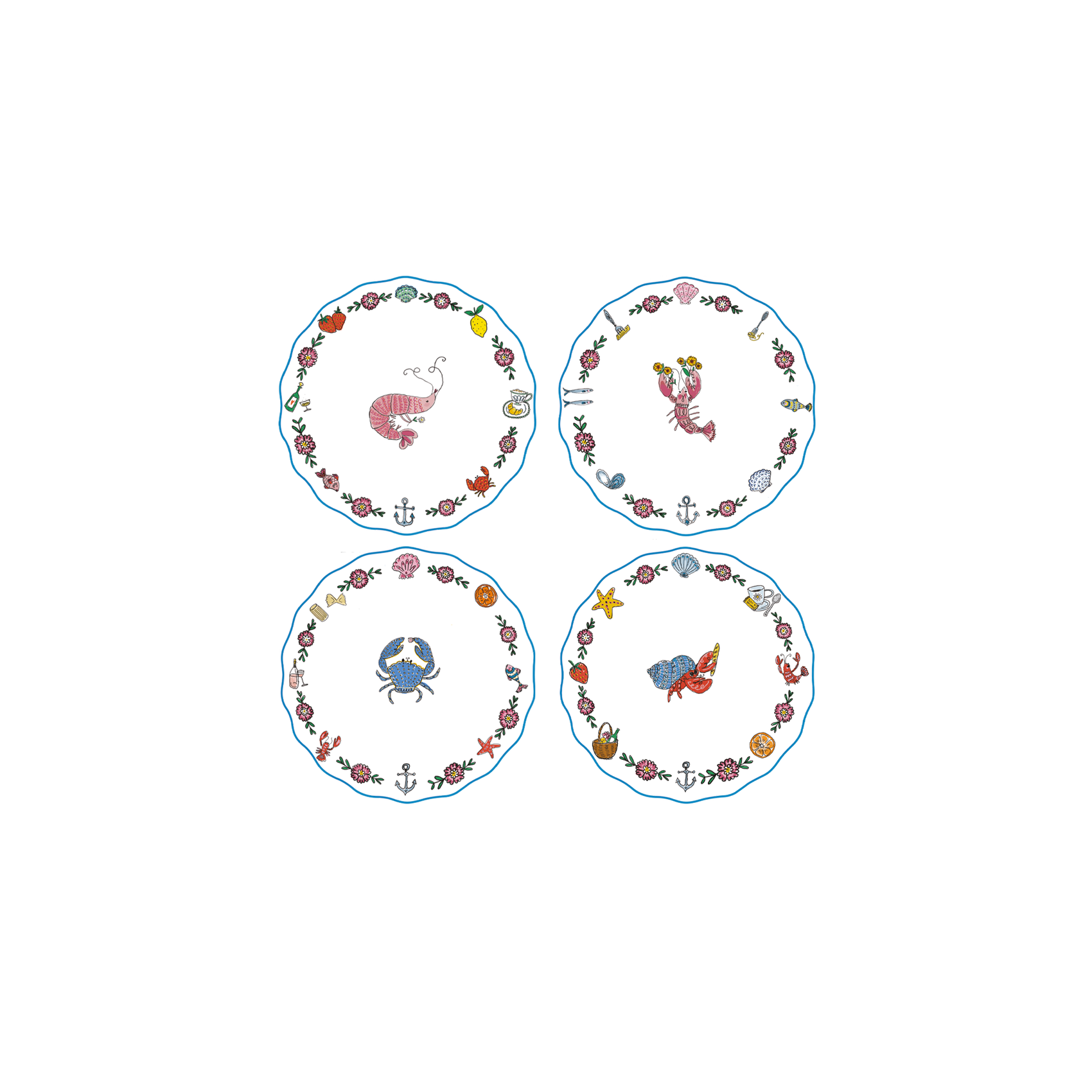set 4 assiettes crustacés 26 cm décoration table marine