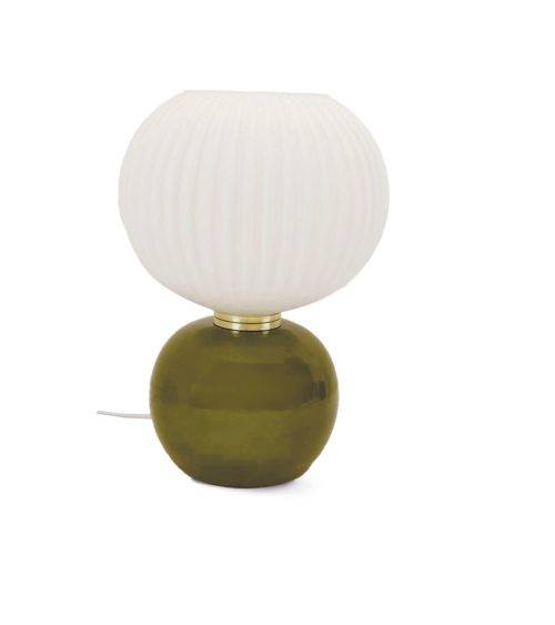 lampe de table kaki en verre avec abat jour strié blanc style vintage