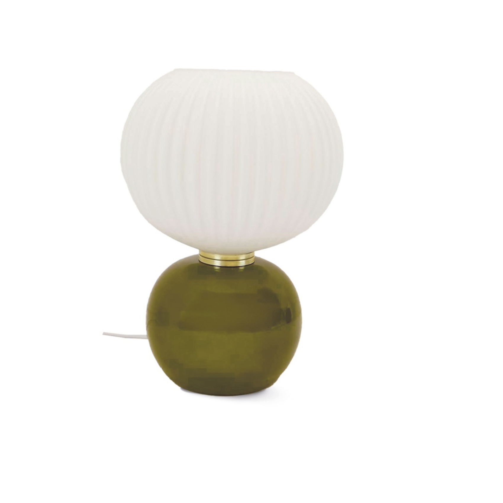 lampe de table kaki en verre avec abat jour strié blanc style vintage