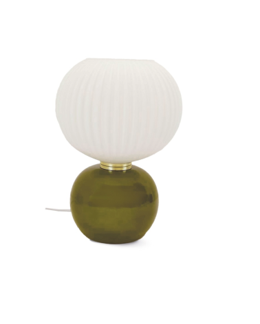 lampe de table kaki en verre avec abat jour strié blanc style vintage