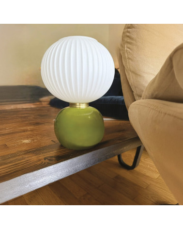 Lampe de table Adonis kaki verre strié style vintage H28 cm