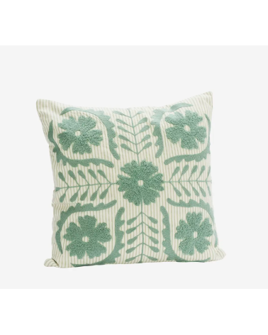 Housse de coussin brodée suzani vert d’eau style bohème 45x45 cm