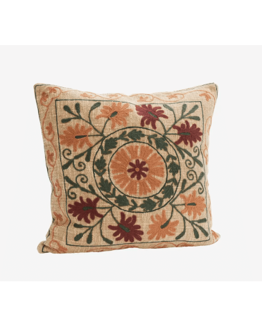 Housse de coussin brodée suzani terracotta et vert bohème 45x45 cm