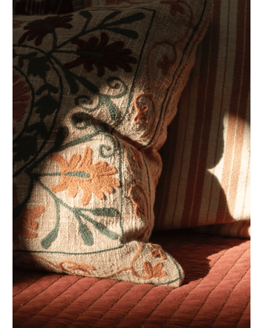 Housse de coussin brodée suzani terracotta et vert bohème 45x45 cm