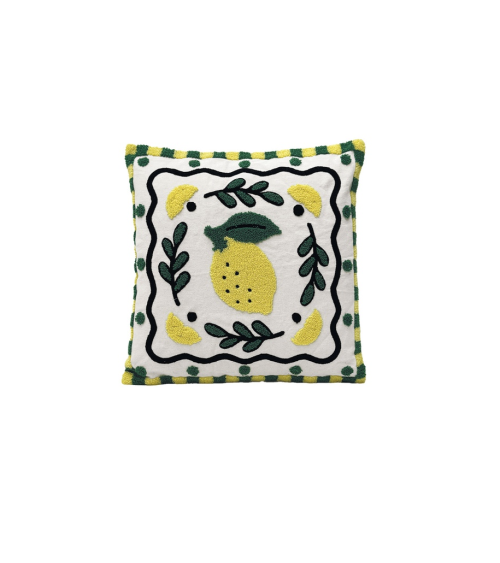 coussin brodé motif citron jaune et vert style bohème