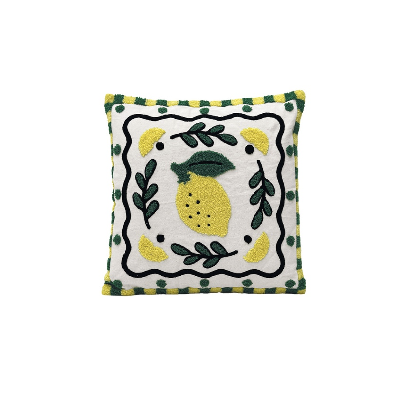 coussin brodé motif citron jaune et vert style bohème