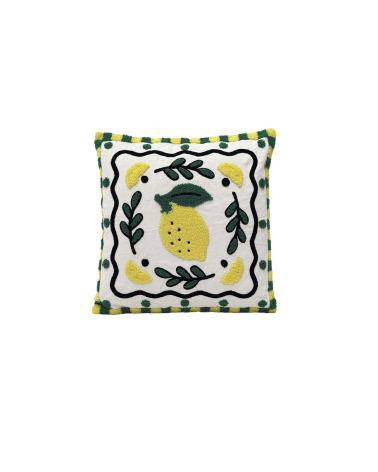 coussin brodé motif citron jaune et vert style bohème