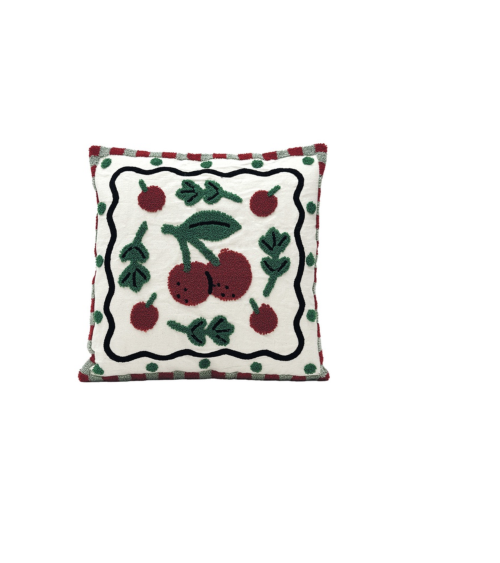 coussin brodé motif cerises rouge et vert style bohème