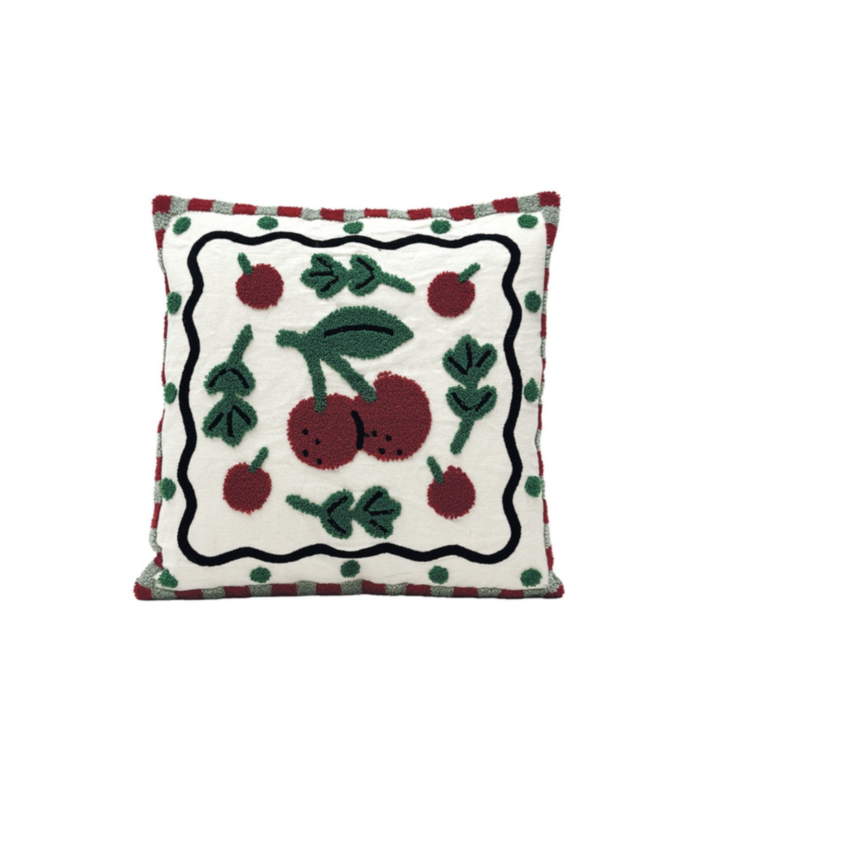 coussin brodé motif cerises rouge et vert style bohème