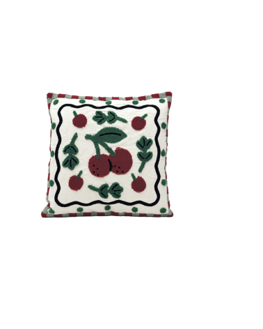 coussin brodé motif cerises rouge et vert style bohème
