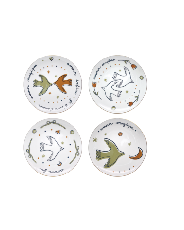 Set de 4 assiettes dessert oiseaux amour en faïence 19 cm