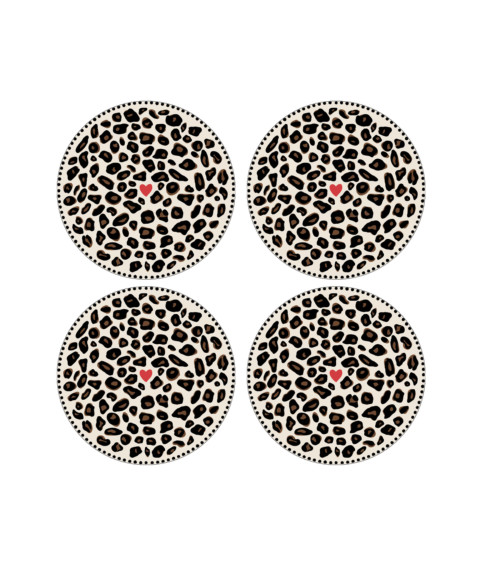 Set de 4 assiettes dessert léopard cœur en faïence 19 cm