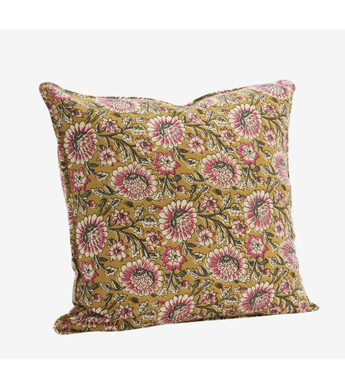 Housse de coussin fleurs indiennes moutarde et rose style bohème