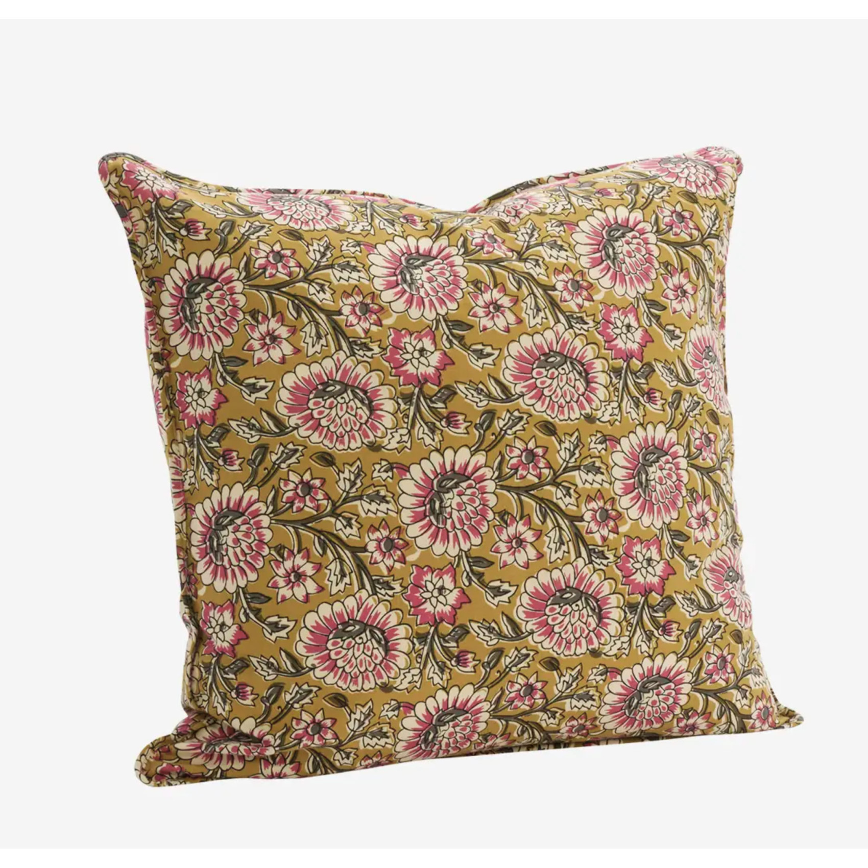 Housse de coussin fleurs indiennes moutarde et rose style bohème